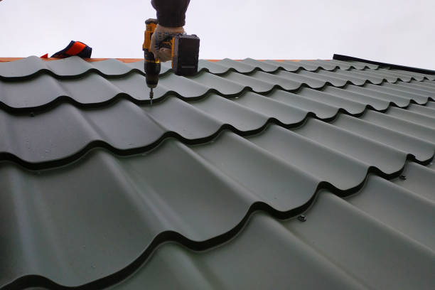 le travailleur professionnel travaille sur l'installation d'un toit d'un toit par des feuilles d'une tuile métallique et perce une vis avec une perceuse - metal roof photos et images de collection