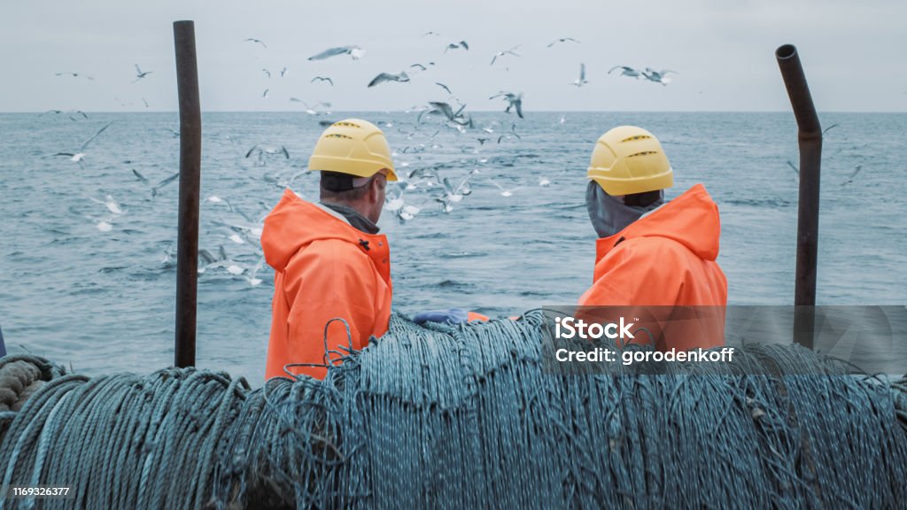 Crew of Fishermen Work on Commercial Fishing Ship that Pulls Trawl Net. Fishing Industry Stock Photo