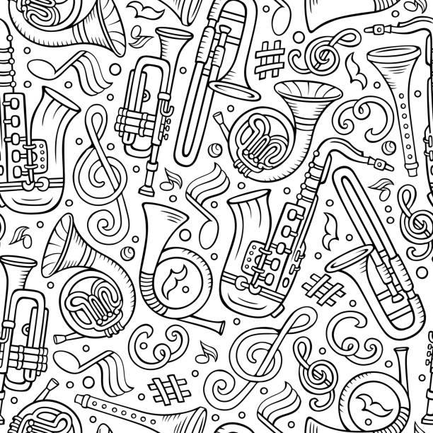 ilustraciones, imágenes clip art, dibujos animados e iconos de stock de dibujos animados música clásica dibujada a mano patrón sin costuras - blues harp