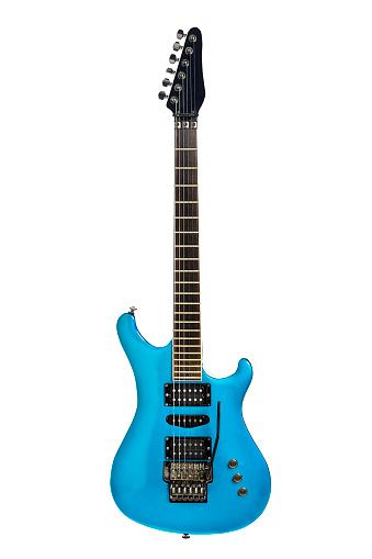 Guitarra eléctrica azul lista para música rock, metal o pop photo