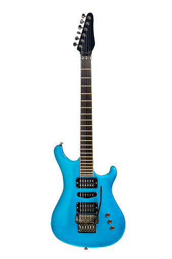 An electric-blue electric guitar ready to rock.