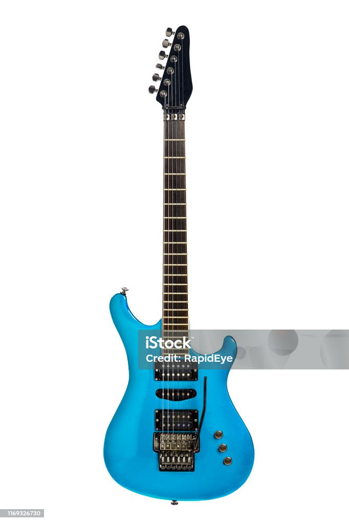 Blue electric guitar ready for rock, metal or pop music An electric-blue electric guitar ready to rock. Guitar Stock Photo
