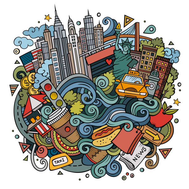 illustrazioni stock, clip art, cartoni animati e icone di tendenza di cartoni animati carini doodles disegnati a mano benvenuti nell'illustrazione di new york - brooklyn bridge taxi new york city brooklyn