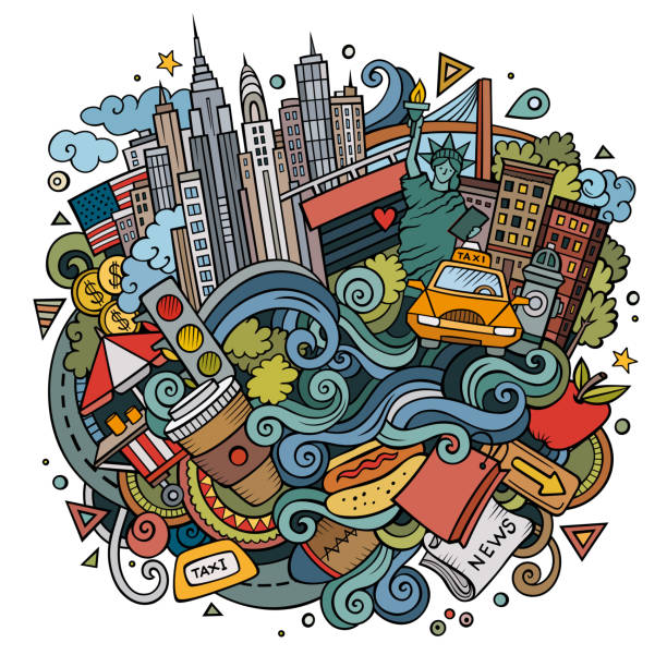 ilustrações, clipart, desenhos animados e ícones de desenhos animados bonitos dos doodles mão desenhada boa vinda à ilustração de new york - new york city skyline bridge brooklyn