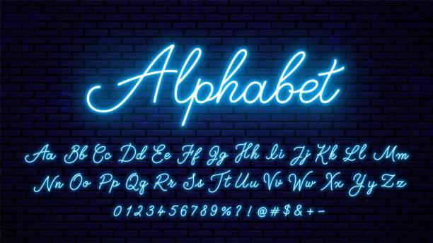 Neon blue letters. Neon blue letters. Bright neon glowing font, alphabet for signboard design, decoration and more. calligraphy stock illustrations