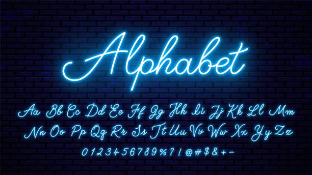 Neon blue letters. Neon blue letters. Bright neon glowing font, alphabet for signboard design, decoration and more. handwriting stock illustrations