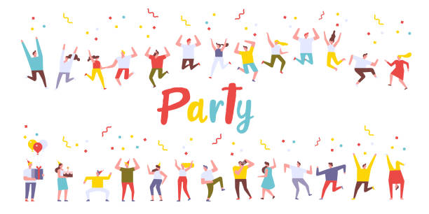 ilustrações de stock, clip art, desenhos animados e ícones de birthday party, celebration, event horizontal banners. young people dancing and have fun. - animated cartoon music teens arts and entertainment