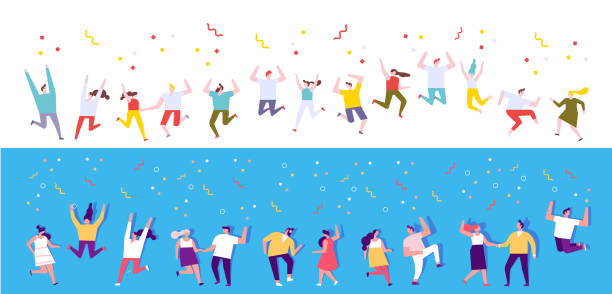 Birthday party, celebration, event horizontal banners. Young People dancing and have fun. Friendship. Student party. Male and female flat characters isolated  on white background. audience illustrations stock illustrations
