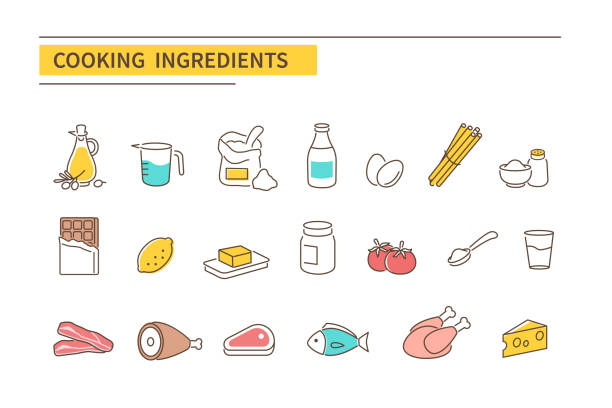 cooking ingredients Cooking ingredients icons. Products and food symbols. Line style vector illustration isolated on white background. pepper cake stock illustrations