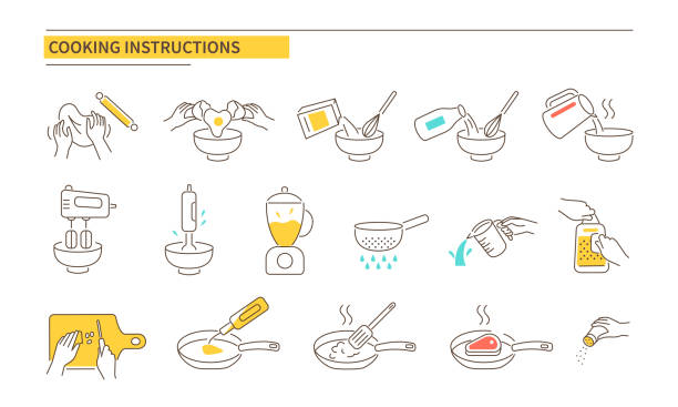 cooking instructions Cooking instructions icons. Recipe guideline symbols. Line style vector illustration isolated on white background. steak and eggs breakfast stock illustrations