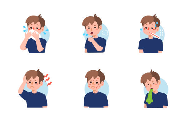 symptoms Kid with different diseases symptoms - fever, cough, snot, allergy. Set of  icons about child illness signs. Flat cartoon vector illustration isolated on white background. cold and flu stock illustrations