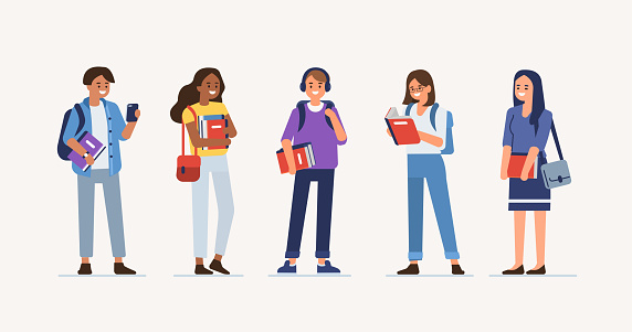 Students group holding books and gadgets. Diverse people study together. Education and knowledge concept with Characters. Flat cartoon vector illustration isolated.