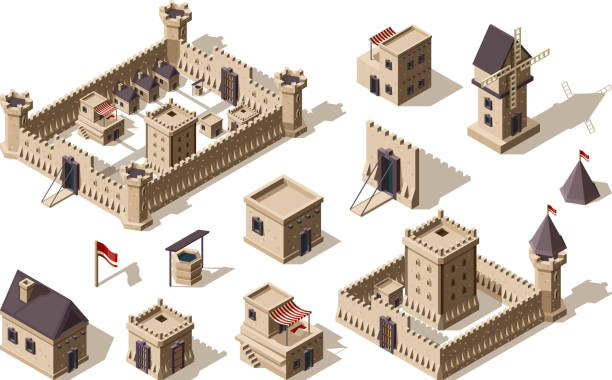 Medieval buildings. Ancient architectural objects village and castles vector isometric for games Medieval buildings. Ancient architectural objects village and castles vector isometric for games. Illustration medieval town and city building, wall and fortress fort stock illustrations