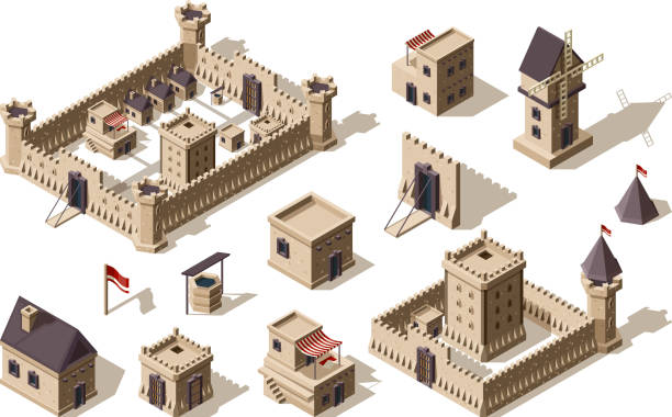 Medieval buildings. Ancient architectural objects village and castles vector isometric for games Medieval buildings. Ancient architectural objects village and castles vector isometric for games. Illustration medieval town and city building, wall and fortress fairy tale village stock illustrations