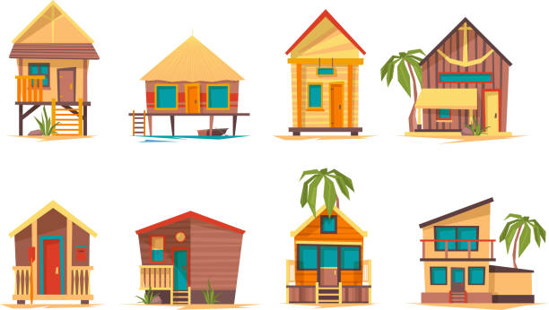 Tropical houses. Bungalow beach buildings island home for summer vacation vector flat pictures collection Tropical houses. Bungalow beach buildings island home for summer vacation vector flat pictures collection. Illustration of bungalow building for tourism, house on coast line, paradise home straw roof stock illustrations