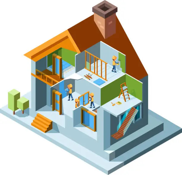 Vector illustration of House renovation. Repair rooms walls floor in residential buildings home workers with equipment installing construct vector isometric