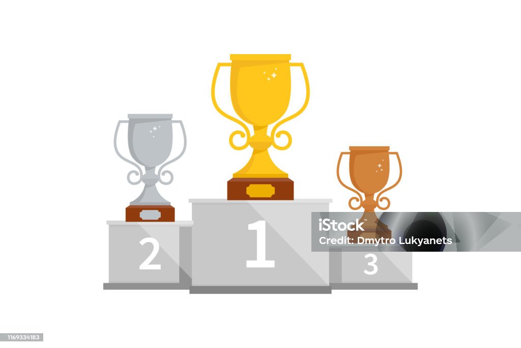 Winner podium Winner podium with cups for the first, second and third place. Pedestal winner at sporting events, prizes for champions. Gold, silver and bronze cup on a pedestal. Winners Podium stock vector