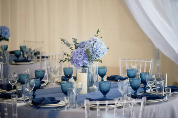 Wedding decoration of the Banquet hall for the wedding in blue. Hydrangea.Transparent chairs.