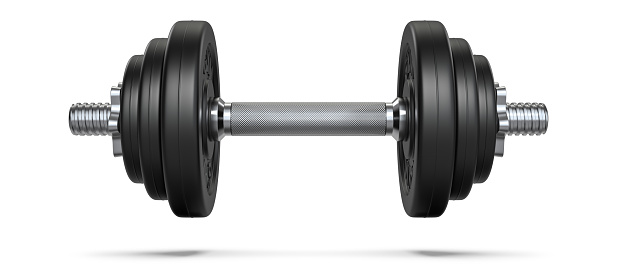 Dumbbell de goma negra con sombra. Ilustración de renderizado 3d aislada sobre fondo blanco. Símbolo de gimnasio, fitness y equipamiento deportivo photo