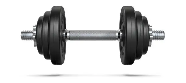 Photo of Black rubber metal Dumbbell with shadow. 3d rendering illustration isolated on white background. Gym, fitness and sports equipment symbol