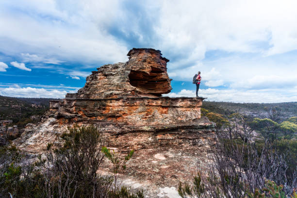 istock Adventurous hiker on tall rock pagoda in Mountains 1169344112