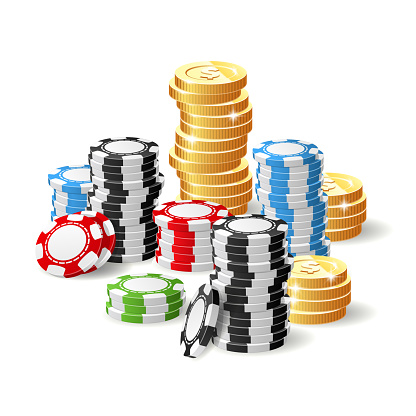 Casino and jackpot - gambling chips heap and rouleau of coins, fortune and winning