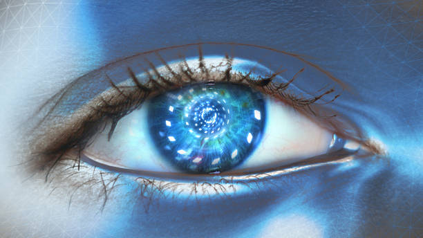 istock Extreme closeup on blue eye of android. Entering artificial intelligence 1169344711