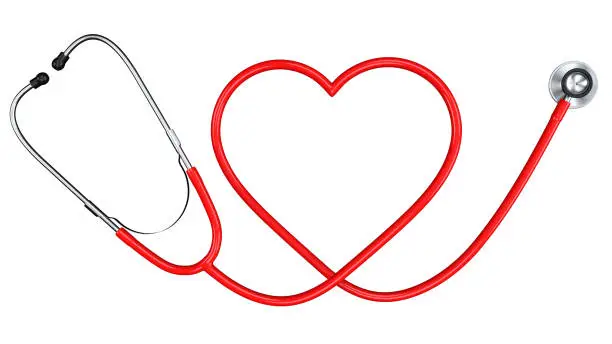 Photo of Red Stethoscope in Shape of Heart Symbol. Medicine Equipment and Medical Health Care Design Template. 3d Rendering Isolated on White Background.