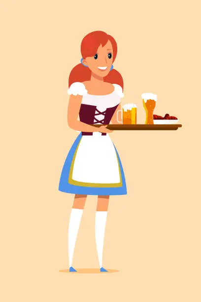 Vector illustration of Waitress carrying tray in pub vector illustration