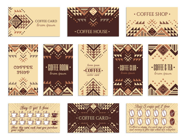 Coffee cards Visit card design set with loyalty program for coffee shops, tea houses and rooms in African style. Vertical, horizontal layouts. Ethnic design ornament. EPS 10 vector template drink collection. african pattern stock illustrations