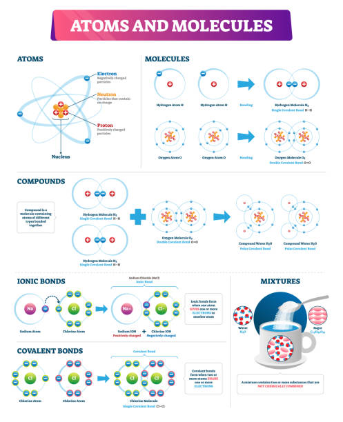 Atoms and molecules vector illustration. Labeled compounds bonds diagram. Atoms and molecules vector illustration. Labeled compounds bonds diagram. Ionic and covalent explanation scheme with educational example. Physics and chemistry substance element particles infographic. atom stock illustrations