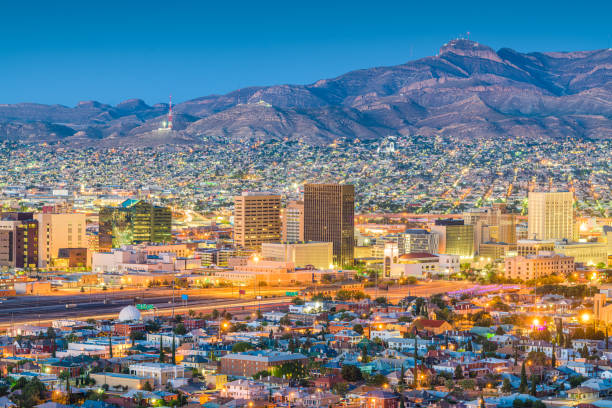 El Paso, Texas, USA Downtown Skyline El Paso, Texas, USA  downtown city skyline at dusk with Juarez, Mexico in the distance. ciudad juarez photos stock pictures, royalty-free photos & images