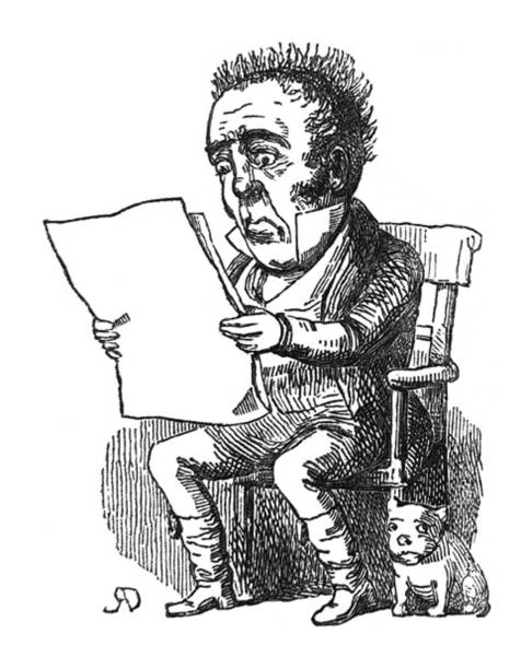 British satire comic cartoon caricatures illustrations - Man sitting in chair reading paper with worried look on his face dog next to him From Punch's Almanack punch puppet stock illustrations