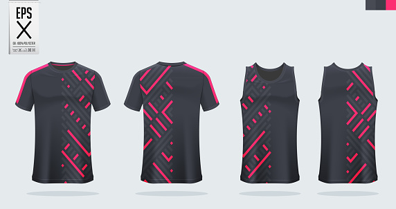 Black and Pink t-shirt sport mockup template design for soccer jersey, football kit, tank top for basketball jersey and running singlet. Sport uniform in front view and back view. Vector Illustration.