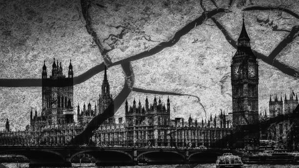 houses of parliament e big ben a londra con profonde crepe come metafora del disordine - tema brexit - urgent parola inglese foto e immagini stock