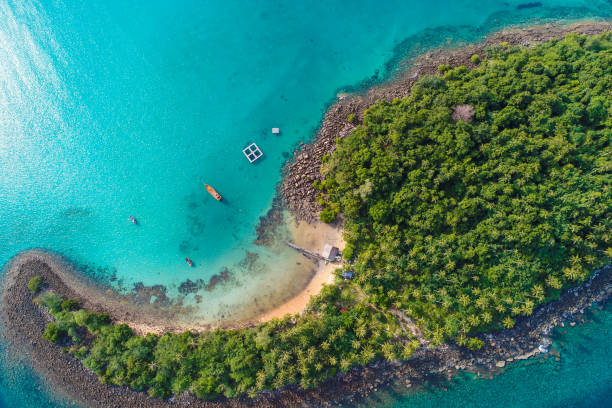 vue aérienne de l'île tranquille idyllique de mer eau turquoise bleue profonde - micronesia lagoon palau aerial view photos et images de collection