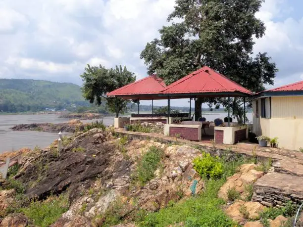 Bangui, Central African Republic: open air restaurant area on a small promontory overlooking  the Ubangi River - on the opposite bank is Zongo, in the Sud-Ubangi Province of the Democratic Republic of Congo.