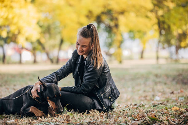 istock Woman playing with Doberman in park 1169358912