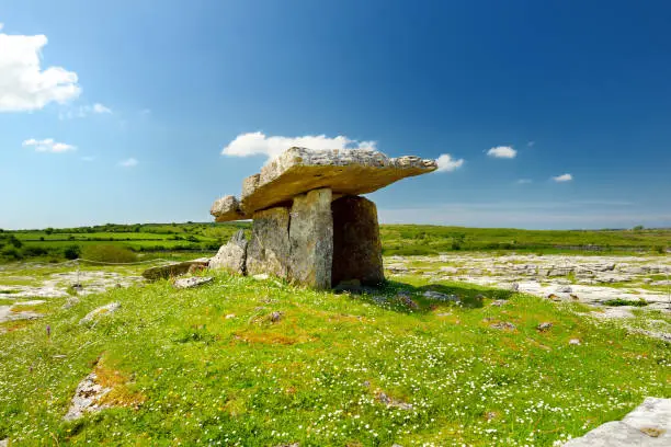 Photo of Poulnabrone dolmen, a Neolithic portal tomb, tourist attraction located in the Burren, County Clare, Ireland