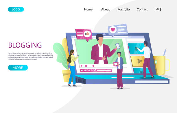 Blogging vector website landing page design template Blogging vector website template, web page and landing page design for website and mobile site development. Video review, online channel, live broadcast concept with blogger and followers characters. follow up stock illustrations