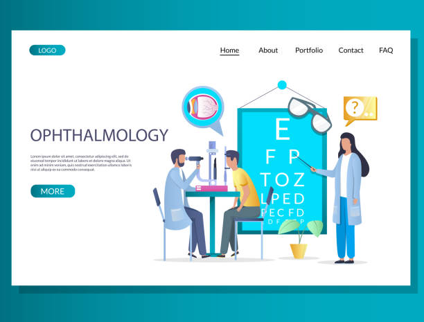 Ophthalmology vector website landing page design template Ophthalmology vector website template, web page and landing page design for website and mobile site development. Optometry, eye test and vision correction procedure concept. eye test equipment stock illustrations