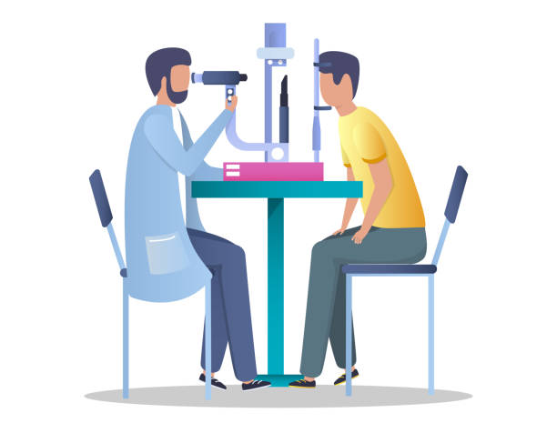 Ophthalmology diagnostics vector concept for web banner, website page Ophthalmologist checking eyesight of his patient using eye test machine, vector flat illustration. Optometry, ophthalmology diagnostics, vision correction concept for web banner, website page etc. optometrist stock illustrations