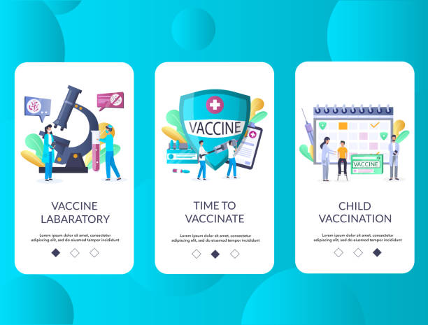 Vaccination mobile app onboarding screens vector template Vaccine laboratory, Time to vaccinate, Child vaccination mobile app onboarding screens. Menu banner vector template for website and application development. flu shot calendar stock illustrations