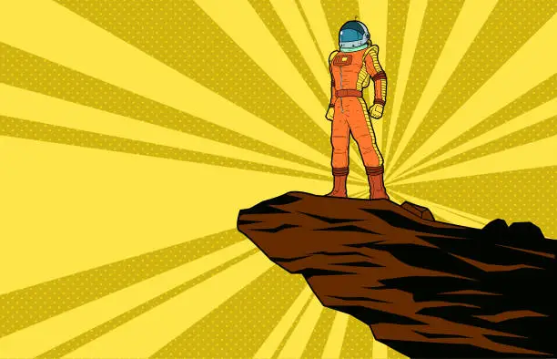 Vector illustration of Vector Retro Pop Art Astronaut Standing on a Cliff with Halftone Background Illustration