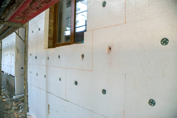 istock Insulation work of house walls with styrofoam sheets. 1169368049
