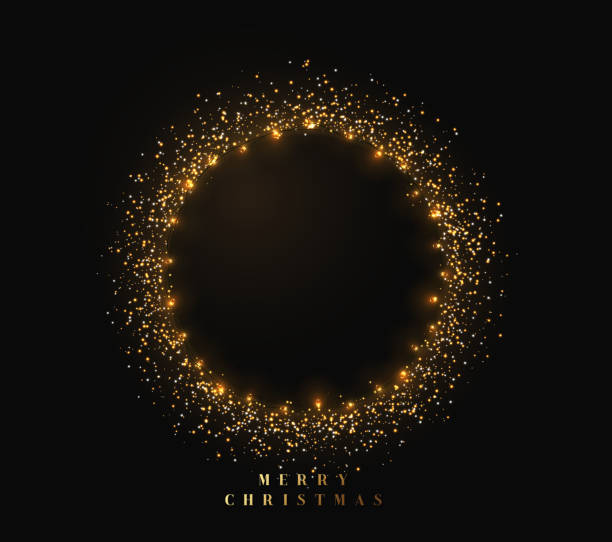 Gold shiny round frame on black background. Sparkle golden garlands. Gold shiny round frame on black background. Sparkle golden garlands. Magic light ring. Christmas bright fire glitter. Xmas decoration glowing wreath. Vector illustration isolated realistic gold dots border stock illustrations