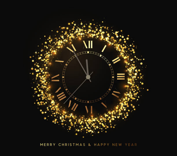 New Year shiny gold clock, five minutes to midnight. Merry Christmas New Year shiny gold watch, five minutes to midnight. Merry Christmas. Xmas holiday. Glowing background with bright lights and golden sparkles. Design vector illustration clock borders stock illustrations