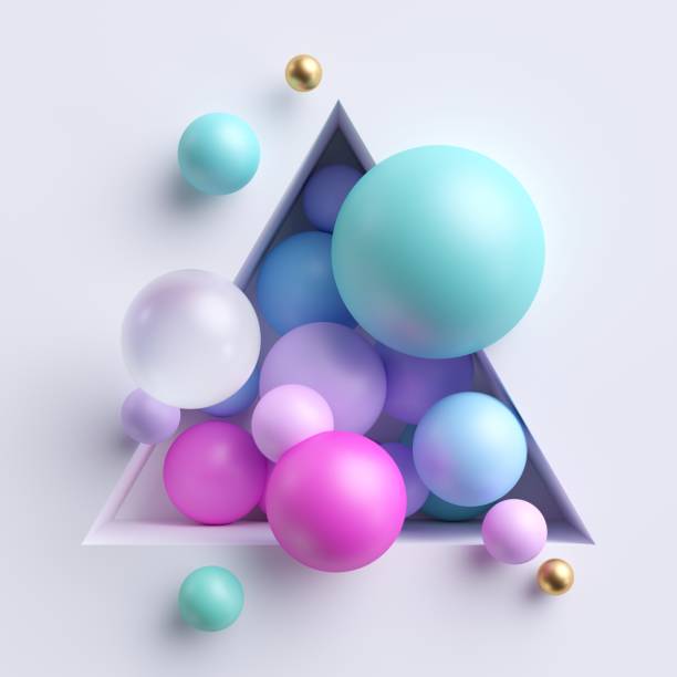 3d abstract illustration, assorted pink blue pastel balls inside triangular niche isolated on white background - color balls imagens e fotografias de stock