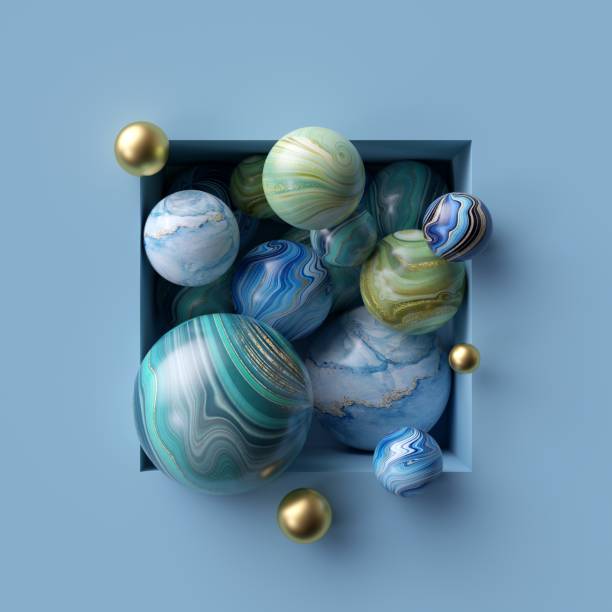 istock 3d abstract background, assorted marble balls inside blue square niche 1169370375