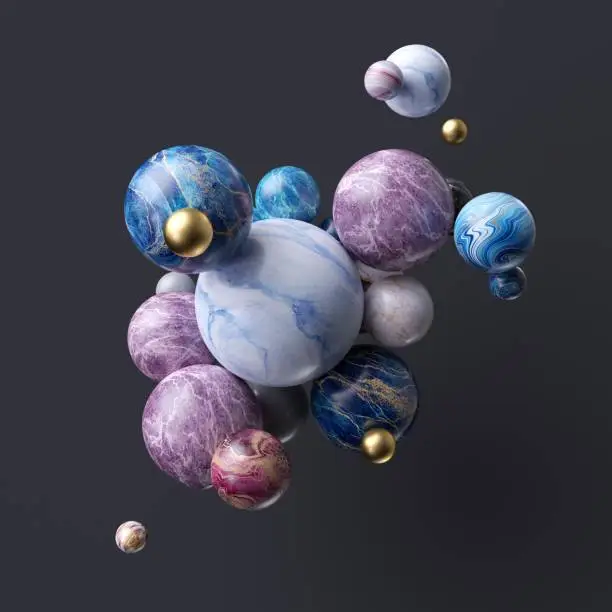 Photo of 3d abstract assorted marble balls isolated on black background